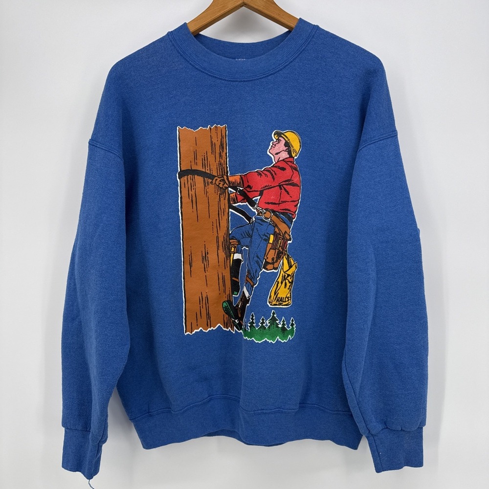 Vintage Lineman Power Electrical Pole Graphic Crewneck Sweatshirt L Blue